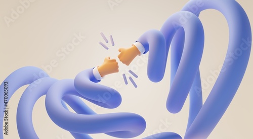 Two long cartoon hands in shape spiral fist bump. Greeting gesture, together punching each other or handshake. Boneless elastic arms in blue sleeve on beige background, 3d render illustration photo