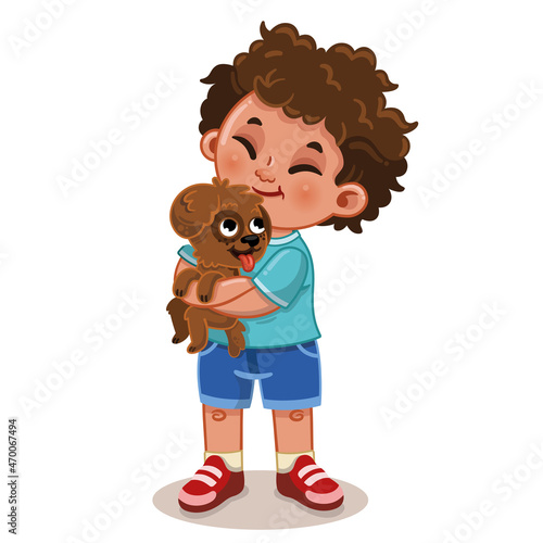 Vector illustration of a happy boy hugging a cute dog.