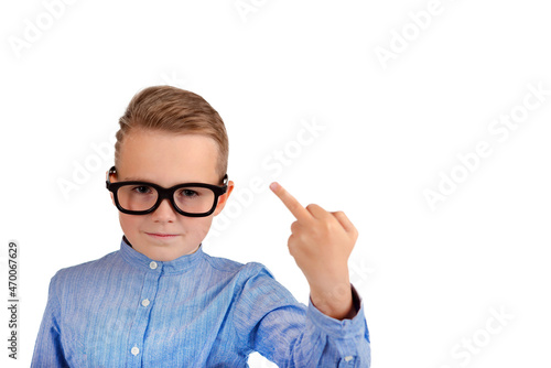 Canvas Print Cute 9s boy kid wearing glasses showing middle finger gesture on the white isolated background