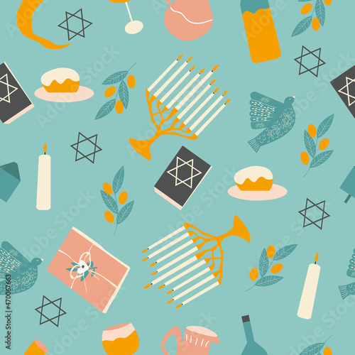 Happy hanukkah seamless pattern. Hanukkah Jewish holiday repeating texture, endless background. Vector illustration