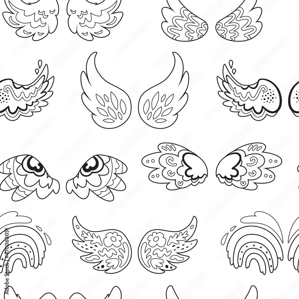 Doodle wings seamless pattern. Black and white vector background Doodle wings seamless pattern. Black and white vector background