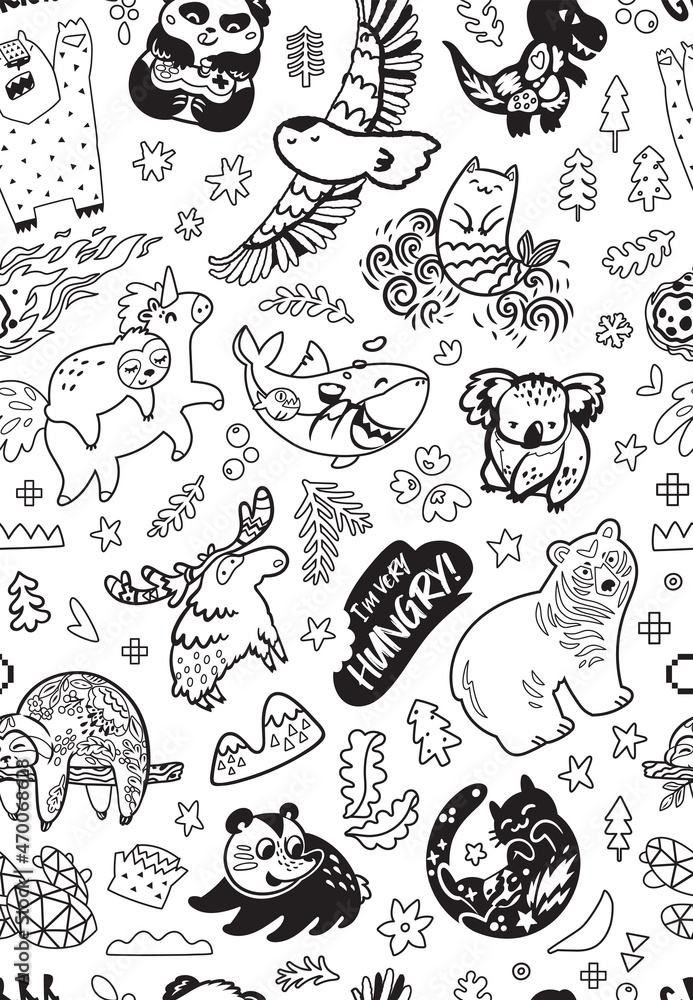 Seamless pattern with mix doddle animals in cartoon style. Monochrome Pattern
