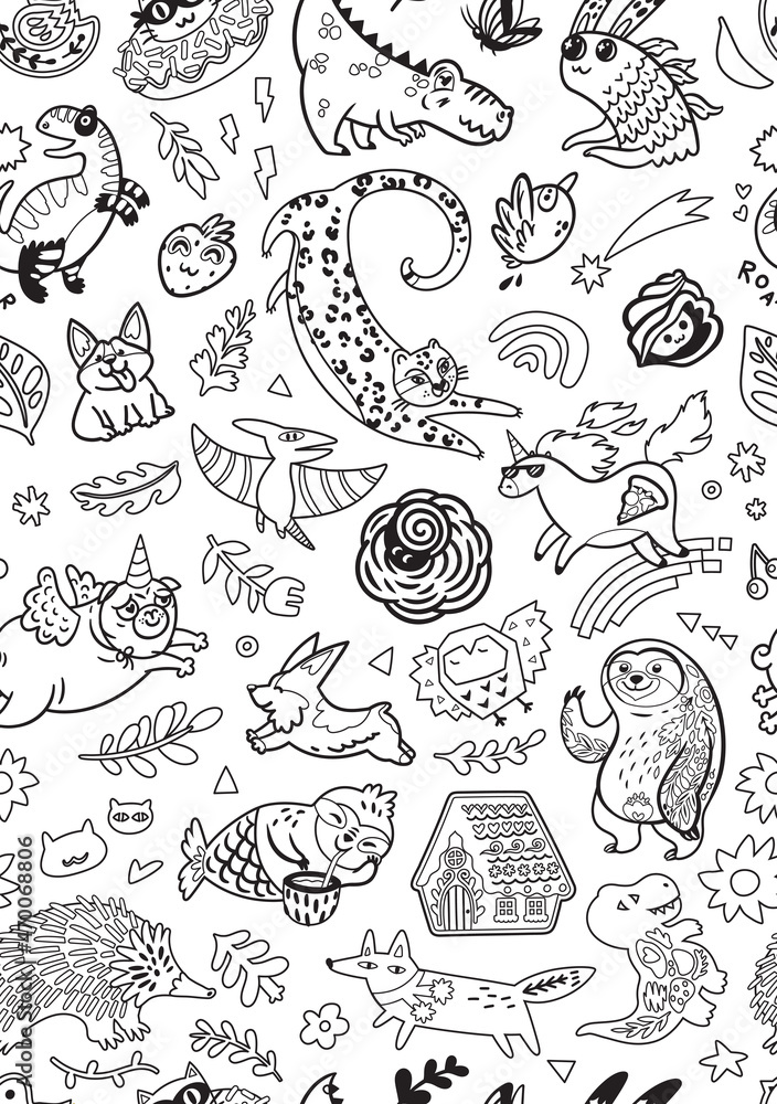Fototapeta premium Seamless pattern with mix doddle animals in cartoon style. Black and white background