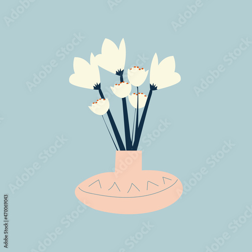 Beautiful decorative spring bouquet with blooming flowers in glass vase vector flat illustration. Bunch of garden or wild elegant plants isolated on white. Romantic floristic composition