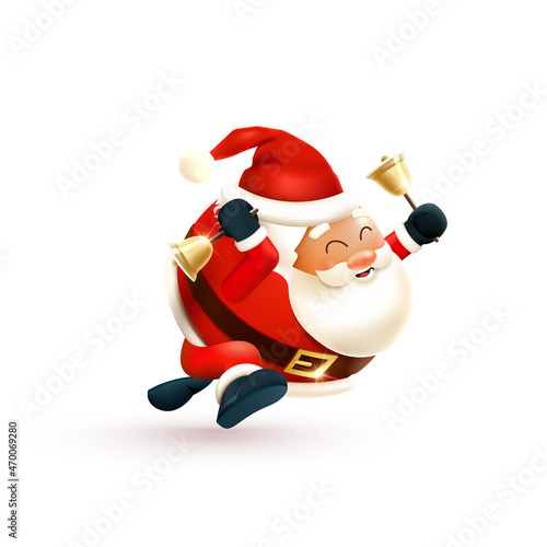 Funny cartoon running Santa Claus character with bells. Christmas vector illustration isolated on white background. Great for Christmas and New Year poster, gift tag and label