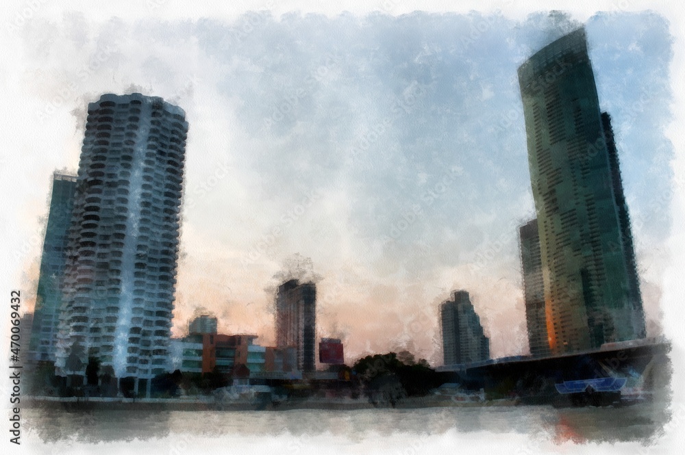 The landscape of the river in the city in the evening watercolor style illustration impressionist painting. The landscape of the river in the city in the evening watercolor style illustration impressionist painting.