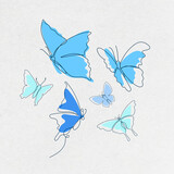 Flying butterfly sticker, blue line art vector animal illustration set
