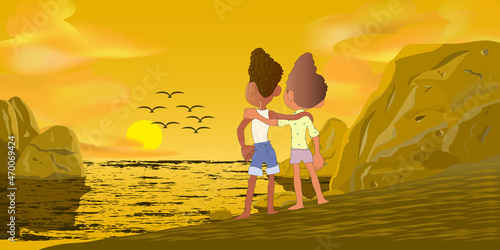 Vector art of two young boys wearing shorts, vest and shirt standing together near beach and enjoying beautiful varies yellow shades of seaside sunset view, flock of birds flying in the air.