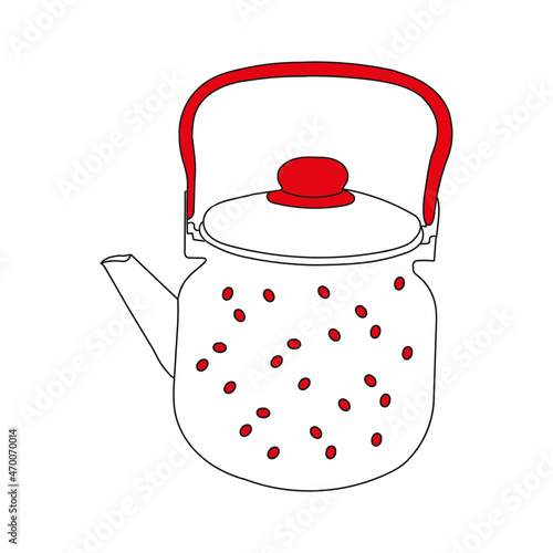 Black and red hand drawing illustration of a metal kettle with hot water for tea or coffee isolated on a white background