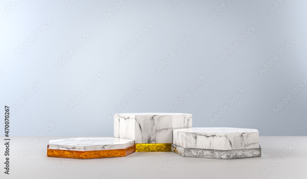 Marble podium3 with golden, silver and bronze ring. Luxury pedestal showcase for products.  Platforms made of white  marble. 3D rendering. - obrazy, fototapety, plakaty 
