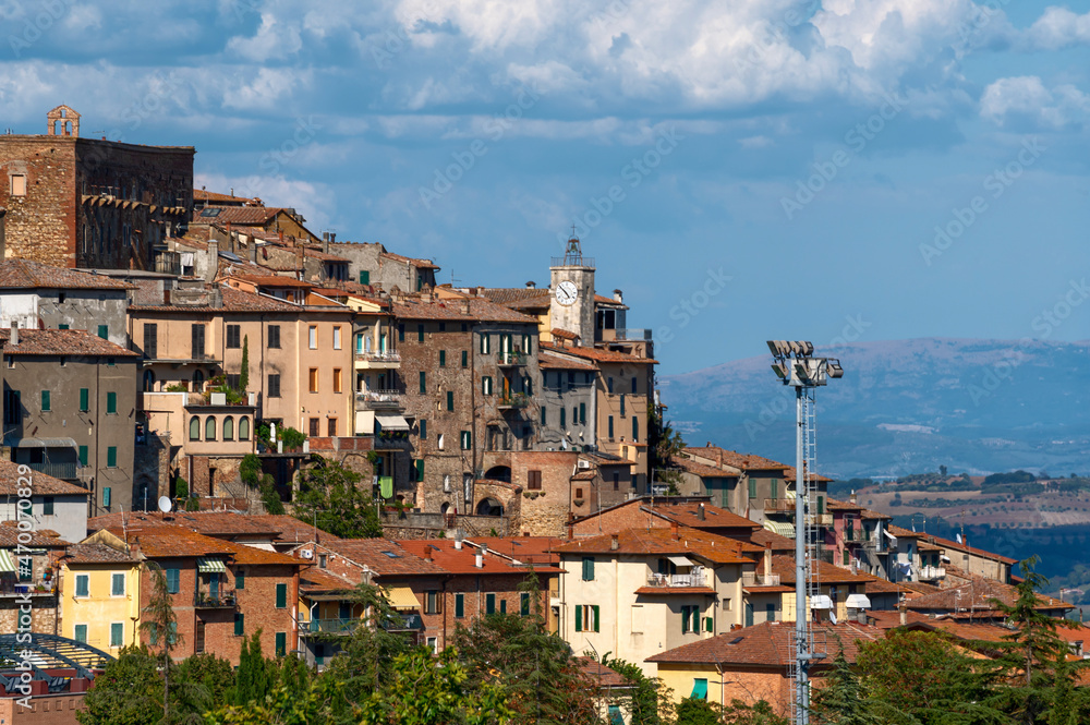 Chianciano Terme, Tuscany, Italy. August 2020. View of the historic village, recognizable the clock tower. Beautiful summer day.