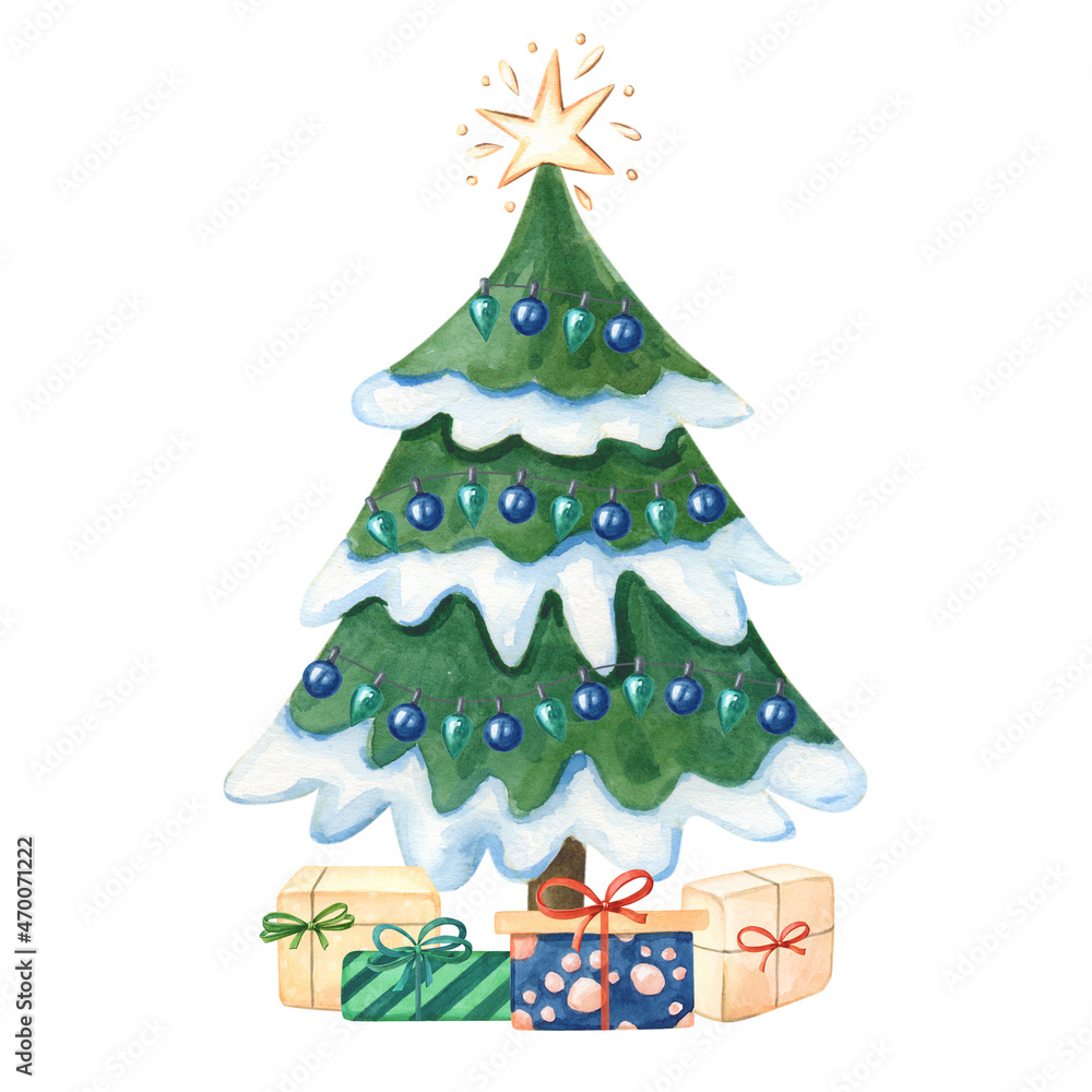 Watercolor Christmas tree with gift boxes.Winter cartoon Illustration for the New year.Watercolour Decorative floral element on white background.Greeting card for kids.