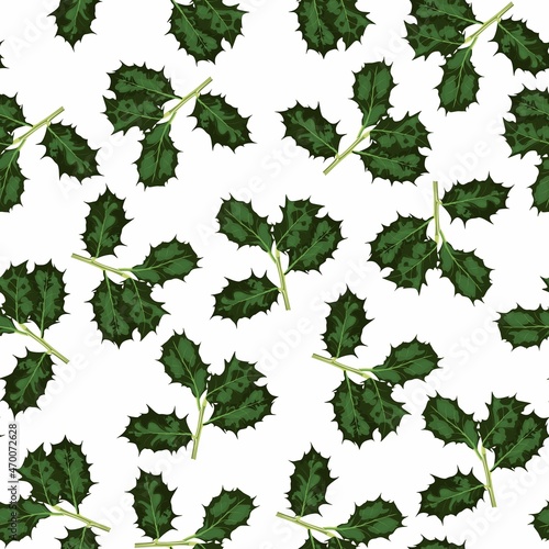 Seamless Pattern with Christmas Symbol - Holly Leaves on White Background. Hand drawn vector illustration for wrapping paper, textile print.