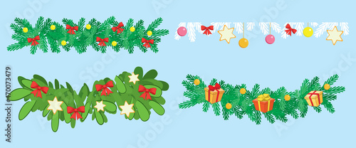 decorative christmas garlands with decorations for winter season - vector set
