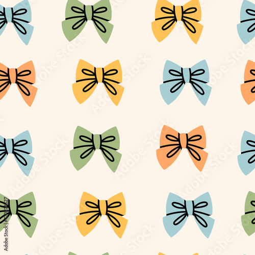 Set of Bow Ties. Different colors. Hand drawn colored trendy Vector illustration. Square seamless Pattern. Repeating background, wallpaper