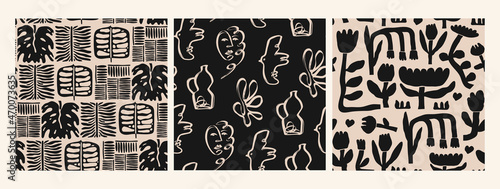 Abstract dark leaves, flowers, birds, faces. Modern design. Hand drawn trendy Vector illustration. Floral concept, Naive art. Set of three Square seamless Patterns. Poster, print, wallpaper templates