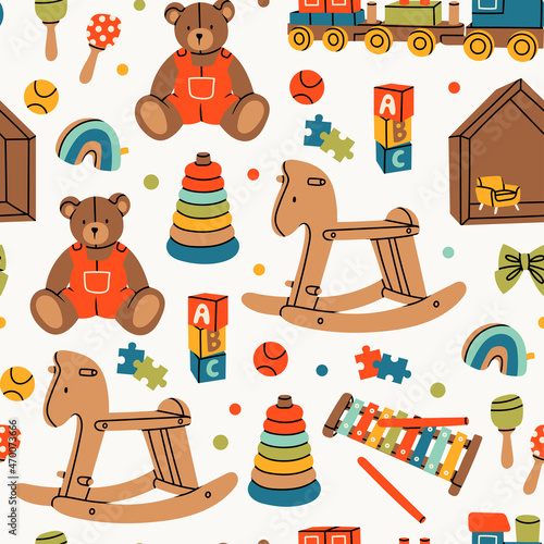 Various Toys for kids. Wooden train, rocking horse, teddy bear, toy cubes, xylophone, pyramid, doll house. Children games, preschool activities concept. Hand drawn Vector seamless Pattern