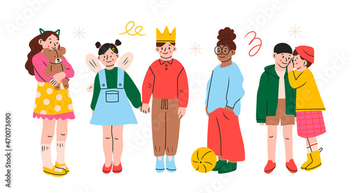 Set of playful preteen children in trendy casual clothes. Group of cool kids standing together. Different outfit. Modern fashion look. Hand drawn Vector illustration. Flat design. Cartoon trendy style