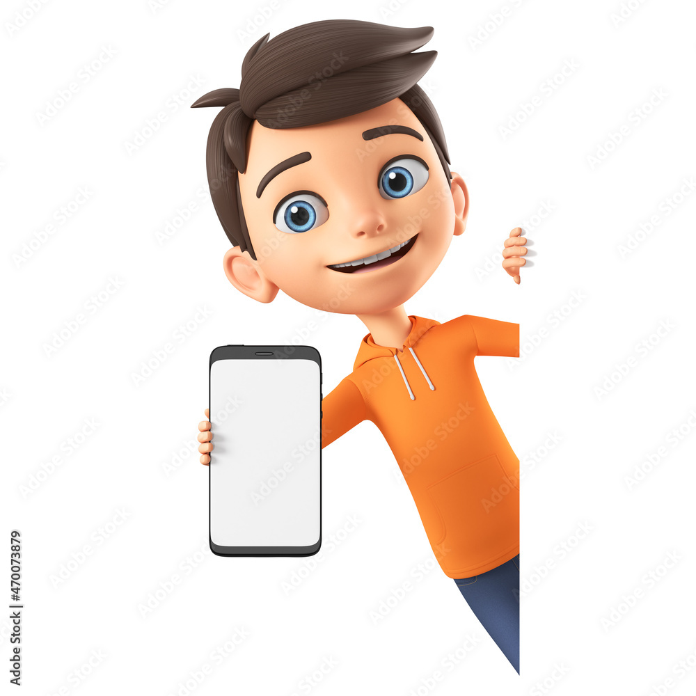 Cartoon character boy in an orange sweatshirt shows a mobile phone. 3d render illustration. Stock Illustration | Adobe Stock Cartoon character boy in an orange sweatshirt shows a mobile phone. 3d render illustration. Stock Illustration | Adobe Stock