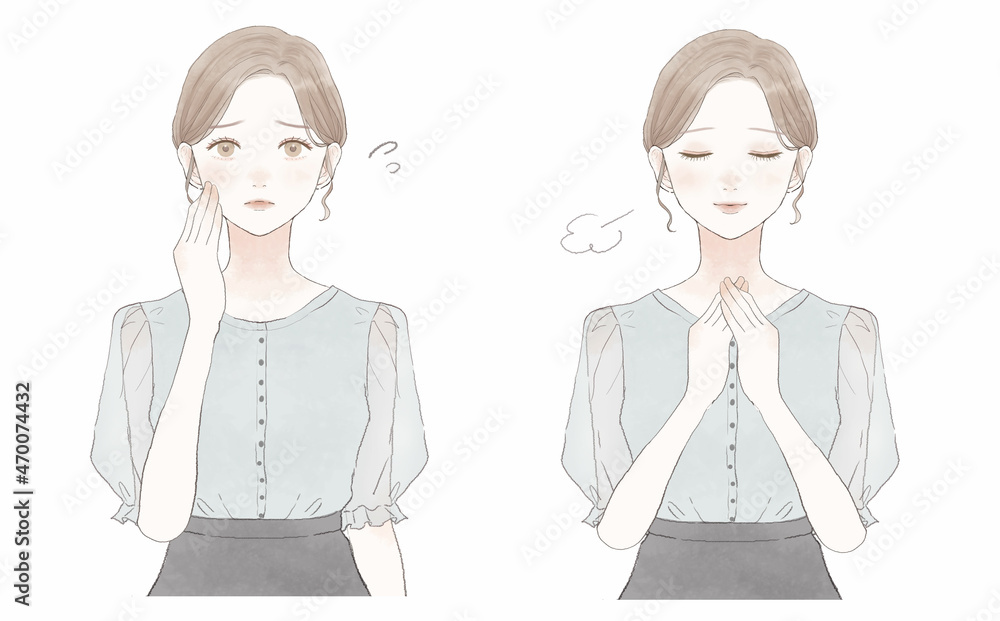 悩んでいる女性と安心している女性のセット