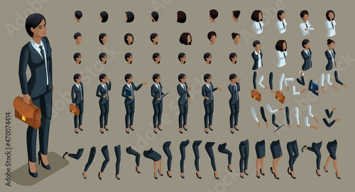 Isometrics people emotions face, create your character. 3d business of an African American woman with a set of emotions and gestures of hands. Large set for vector illustrations