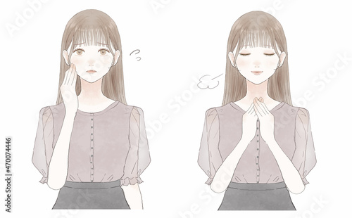 悩んでいる女性と安心している女性のセット