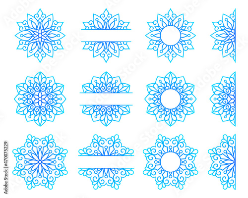 Snowflake silhouette monogram papercut. Vector set templates. Winter symbol paper laser cutting or sublimation.Christmas ornaments for holidays.Flat style. Isolated on white background. Design element