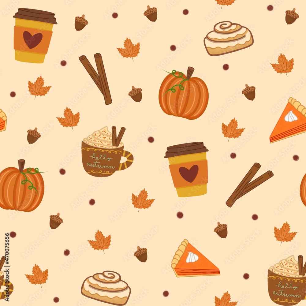 Pumpkin Spice Season on Peach Beige Seamless Pattern Design Pumpkin Spice Season on Peach Beige Seamless Pattern Design
