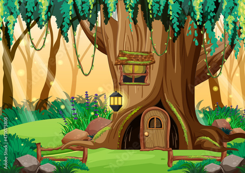 Fantasy forest background with hollow tree