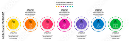 Modern 3D vector illustration. Circular infographic template with seven elements. Contains icons and text. Designed for business, presentations, web design, 7-step diagrams.