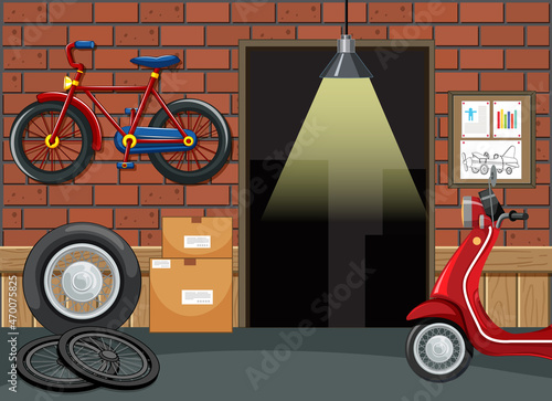 Garage interior with motorcycle and bicycle