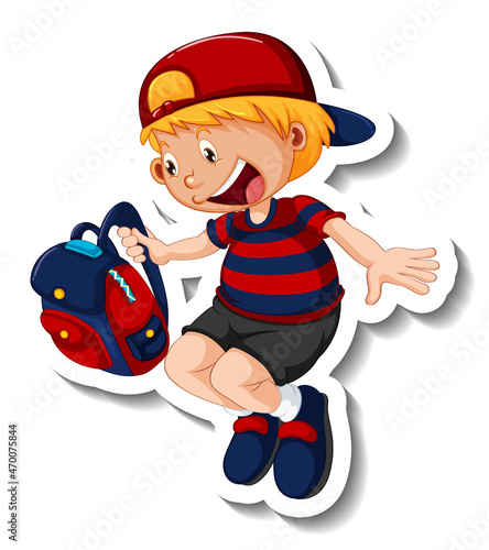 Sticker template with a boy cartoon character isolated