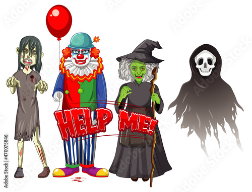 Help Me text design with Halloween ghost characters