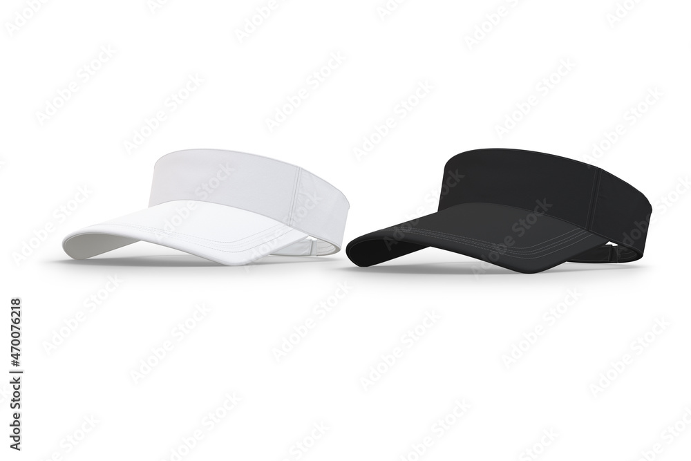 Blank white and black visor plain hat mockup isolated on a white background. 3d rendering. - obrazy, fototapety, plakaty 