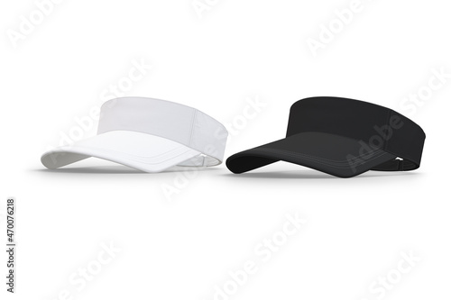 Blank white and black visor plain hat mockup isolated on a white background. 3d rendering.