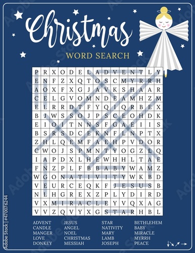 Christian religious Christmas word search puzzle. Printable activity worksheet.  Educational crossword game for children and adults. Party card. Page for learning English. Cute angel vector eps10