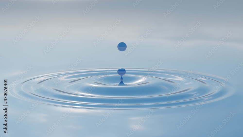 Concept or conceptual blue liquid drop falling in water on background with ripples and waves. 3d illustration metaphor for nature, natural, summer, spa, cool, business, environment, rain or health