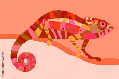 A vivid illustration of a chameleon lizard crawling on a branch. 