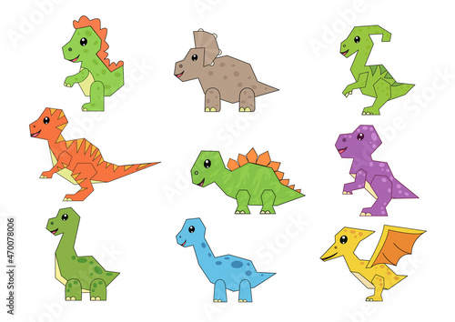 Set of cute cartoon dinosaurs. Collection funny animal characters. Vector illustration.