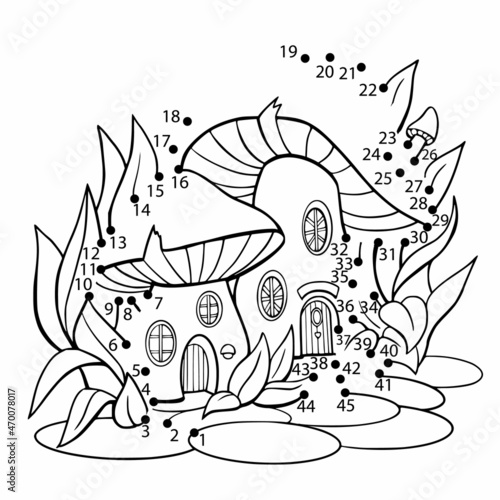 Dot to dot game. Kids activities page with riddle. Children numbers game connect drawing mushrooms fairy houses. Vector illustration.
