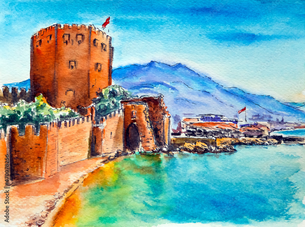 Naklejka premium Ancient fortress Kyzyl Kule in Alanya, Antalia, Turkey at sea and sky scene