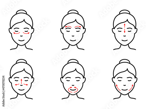 Technique of Facial Massage Line Icon. Anti Aging Self Face Massage with Arrow Pictogram. Girl Beauty Treatment, Skin Care Procedure Outline Icon. Editable Stroke. Isolated Vector Illustration