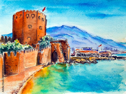 Tableau sur toile Ancient fortress Kyzyl Kule in Alanya, Antalia, Turkey at sea and sky scene