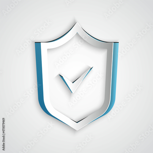 Paper cut Shield with check mark icon isolated on grey background. Security, safety, protection, privacy concept. Tick mark approved. Paper art style. Vector