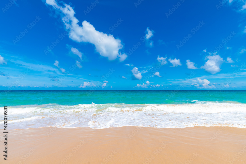 Beautiful white sand sea beach wave colorful sky with cloud
