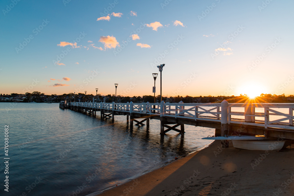 Beautiful jetty along Parramatta River at sunrise time.