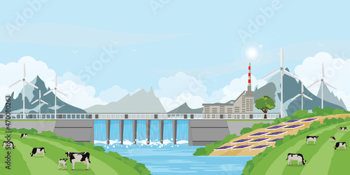 Green energy renewable solar panel plant electric power water in a dam.