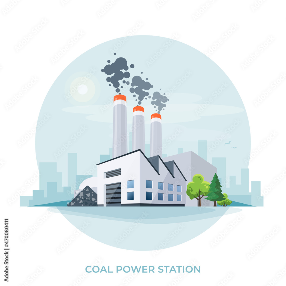 Coal-fired power plant station. Thermal factory that burns coal to generate electricity and produce emissions. Dirty fossil fuel combustion facility. Isolated vector illustration on white background.