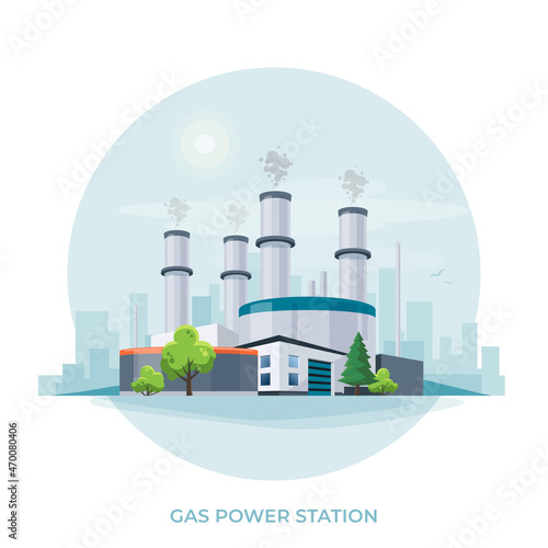 Gas power plant station. Gas-fired thermal facility that burns natural gas to generate electricity and produce emissions. Cogeneration fossil factory. Isolated vector illustration on white background.