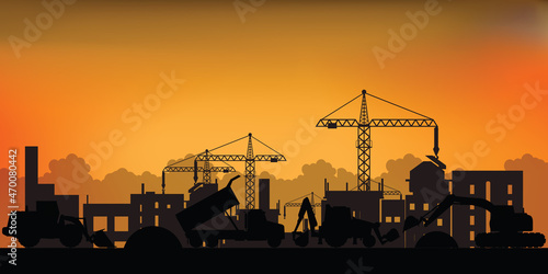 Silhouette of process of construction big building under construction.